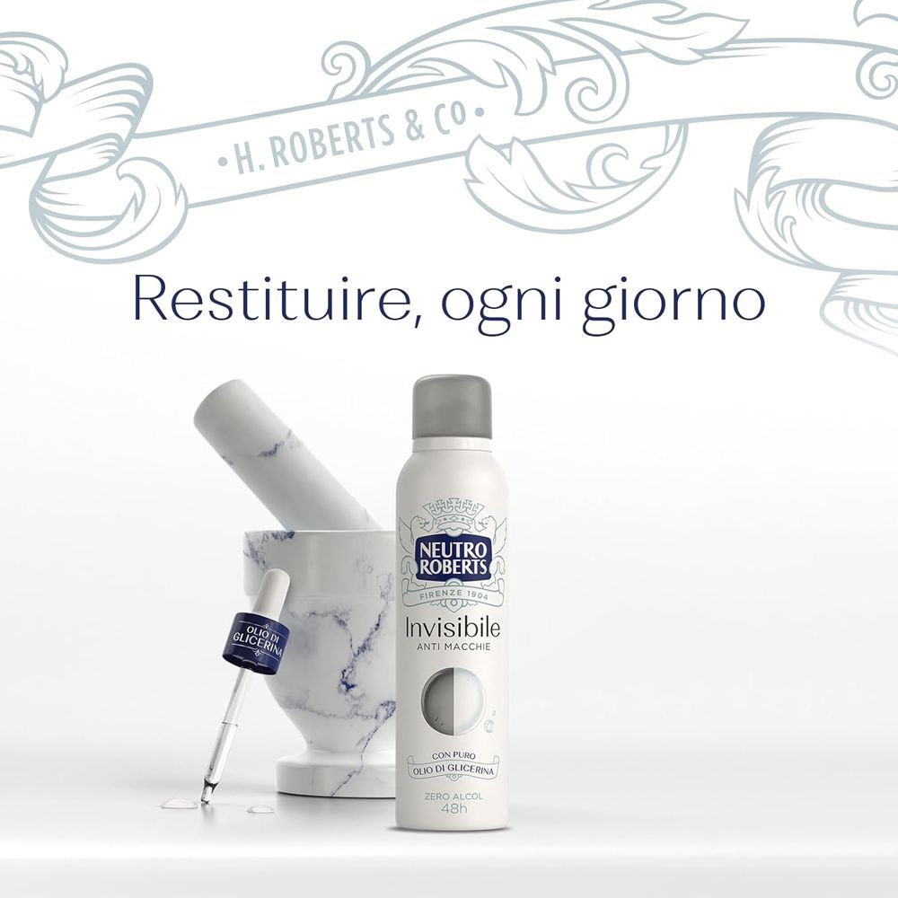 Spray bianco con testo: Neutro Roberts, Invisibile Anti Macchie. Con glicerina. Su sfondo chiaro con accessori.