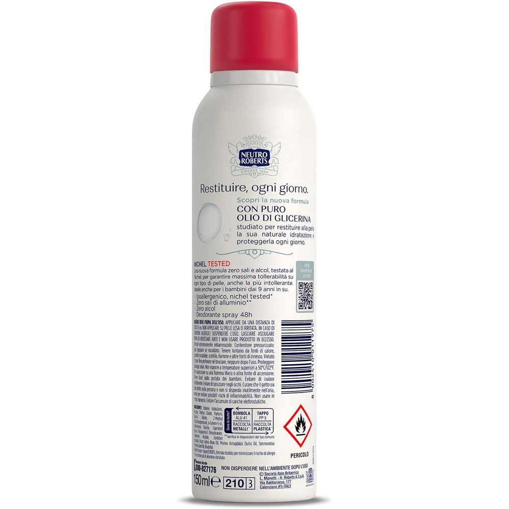 Retro dello spray deodorante bianco. Testo e informazioni. Contiene codice QR e avvertenze.
