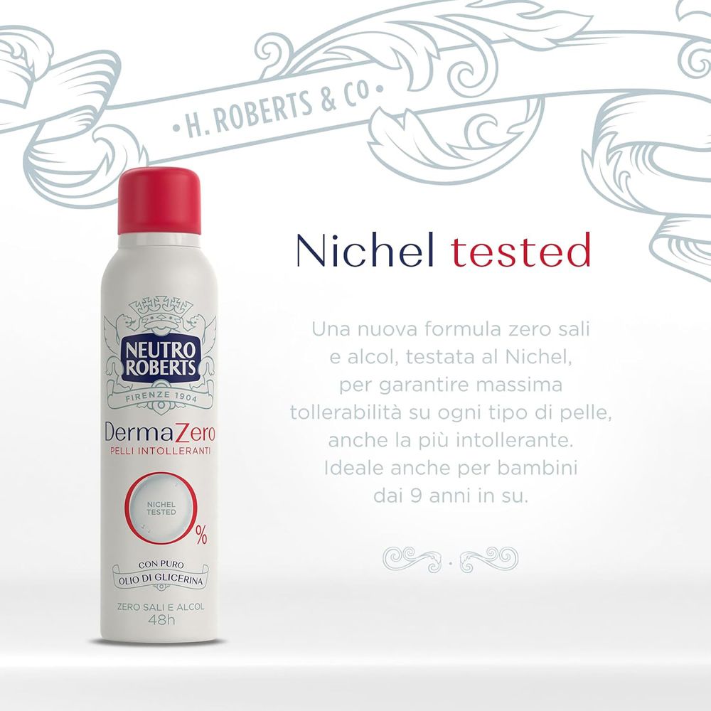 Spray deodorante bianco con tappo rosso. Marchio Neutro Roberts, scritta DermaZero. Nickel tested.