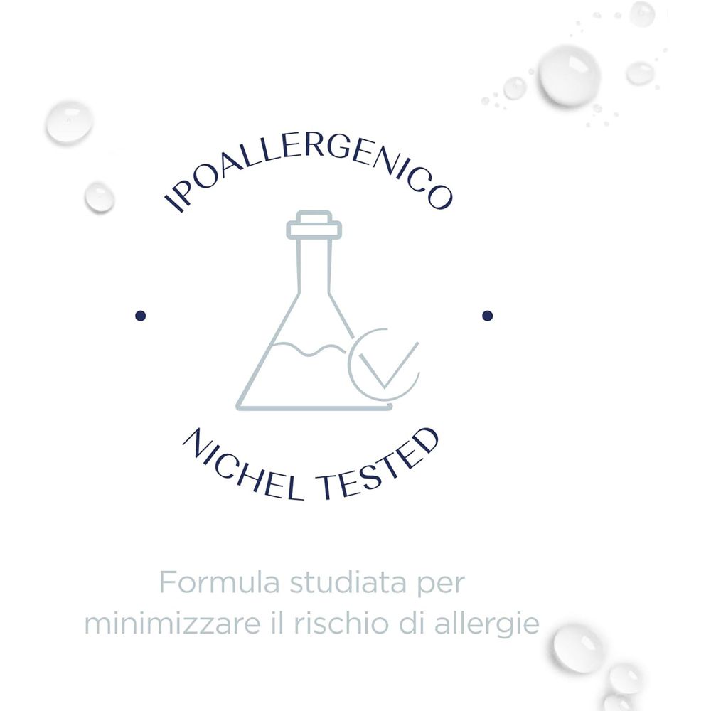 Grafica con Ipoallergenico e Nickel Tested. Formula per minimizzare il rischio di allergie.