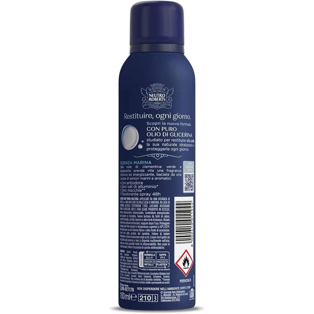 Retro dello spray deodorante blu. Testo: Neutro Roberts, Uomo, Fresco, Essenza Marina. 150ml.
