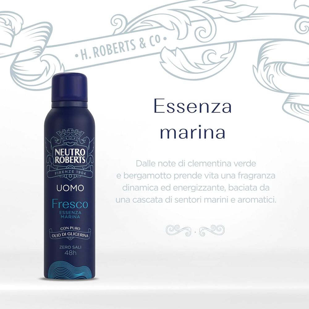 Spray deodorante blu Neutro Roberts. Uomo Fresco, Essenza Marina. Testo sulle note e ingredienti.