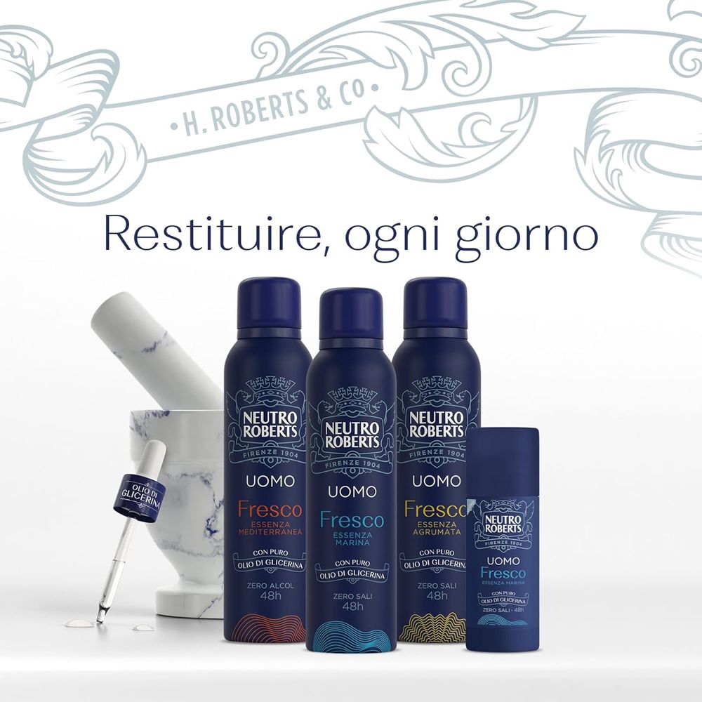 Diversi spray deodoranti blu Neutro Roberts. Uomo Fresco, Essenza Marina. Prodotti aggiuntivi.
