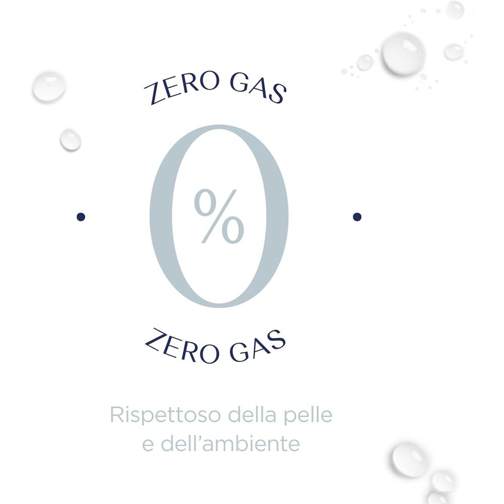 Testo: Zero Gas, Zero Gas. Rispettoso della pelle e dell'ambiente. Gocce d'acqua.