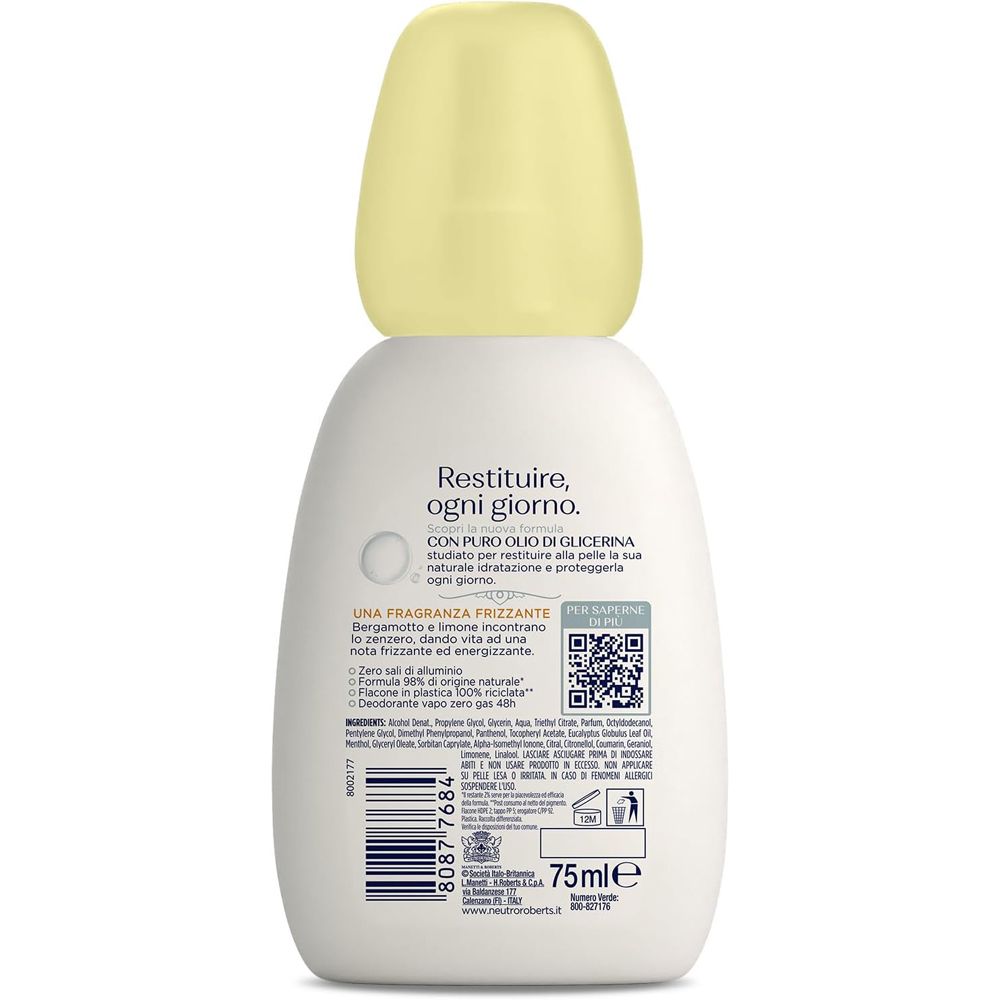 Retro del flacone bianco con tappo giallo. Testo: Restituire, ogni giorno. Con codice QR e informazioni. 75ml.