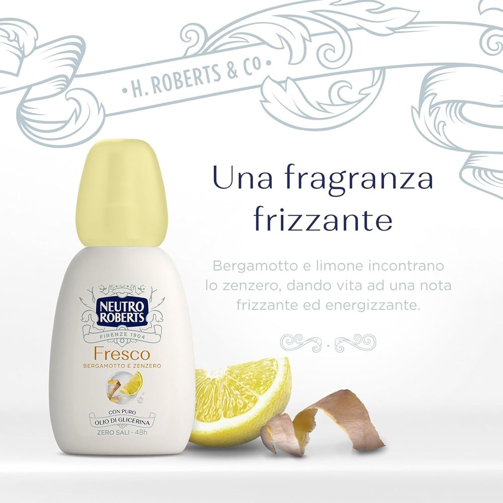 Prodotto con tappo giallo e limone. Testo: Una fragranza frizzante. Bergamotto e limone incontrano lo zenzero.