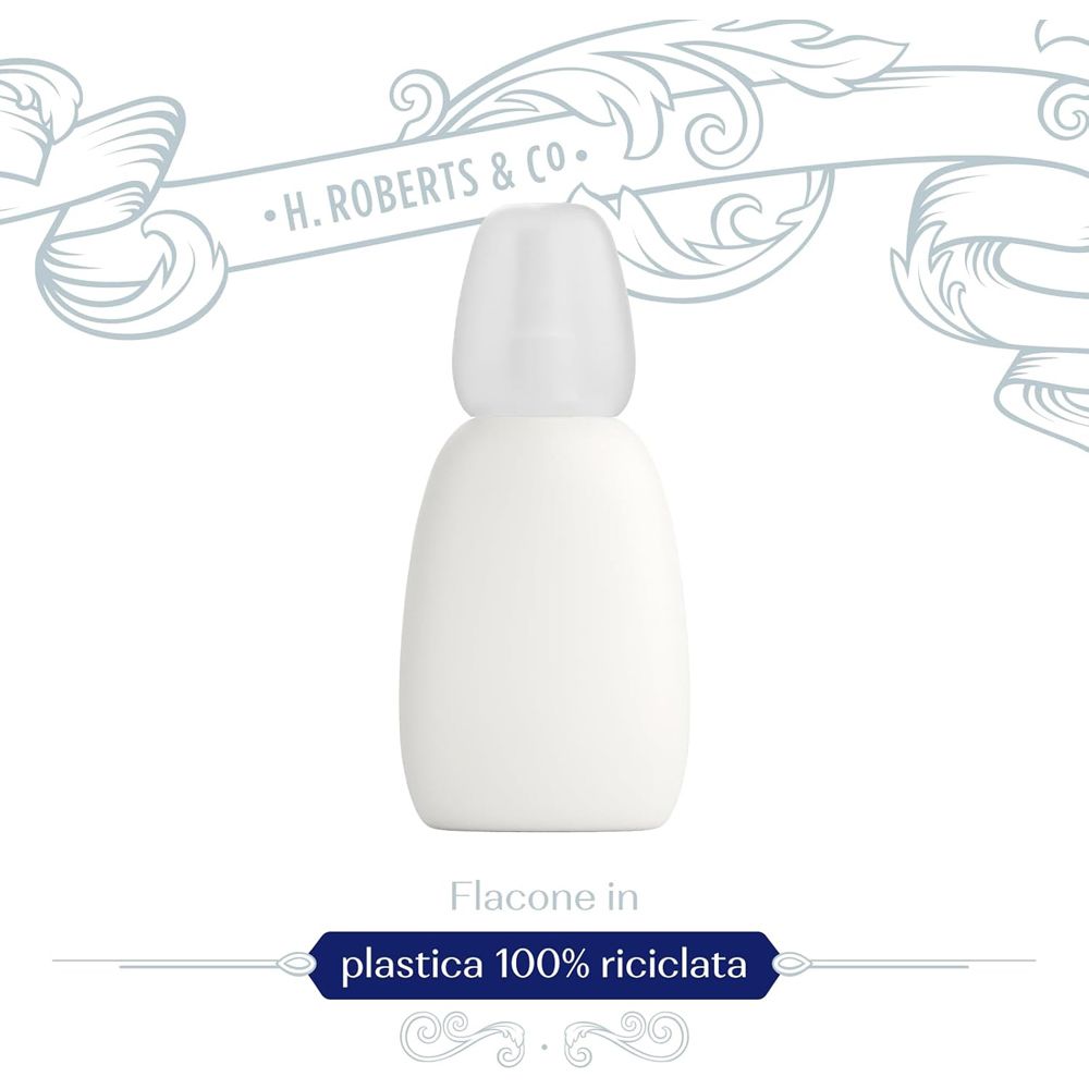 Flacone bianco, tappo rosa. Testo: Flacone in plastica 100% riciclata.