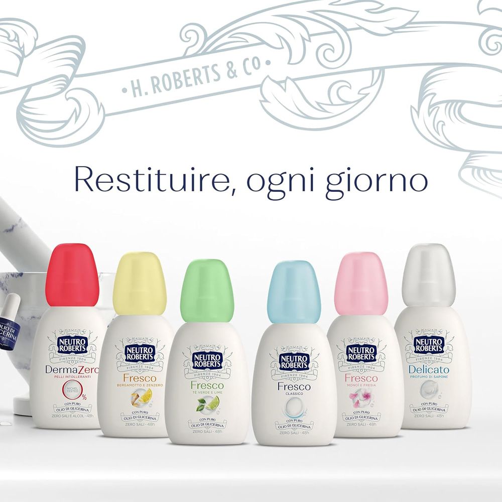 Diversi flaconi con tappi colorati. Testo: Neutro Roberts. Restituire, ogni giorno.