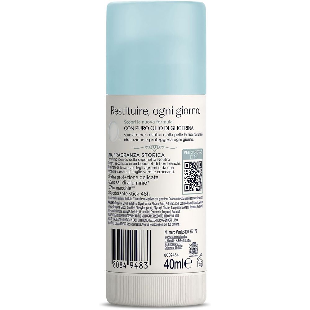 Retro stick deodorante Neutro Roberts Fresco Azzurro. Testo: Restituire, ogni giorno. 40ml. Codice a barre e QR.