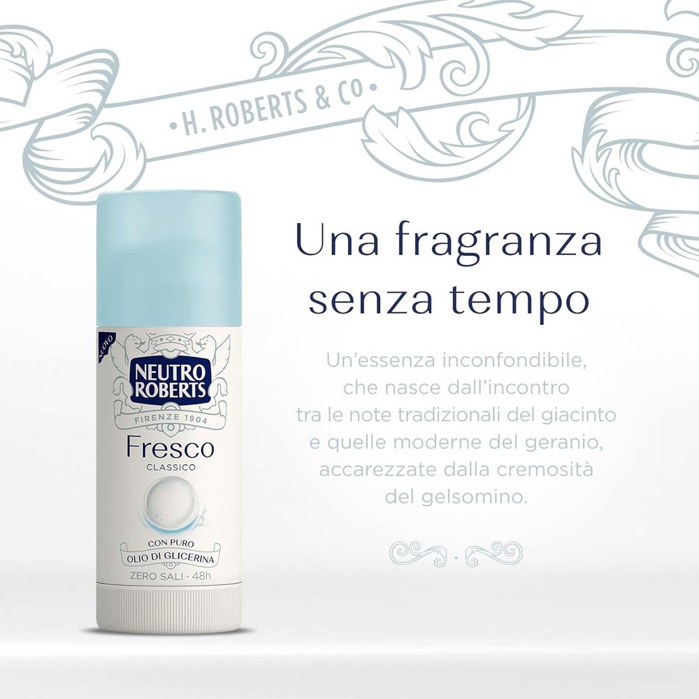 Pubblicità Neutro Roberts Fresco Azzurro. Prodotto con testo: Una fragranza senza tempo. Sfondo con testo.