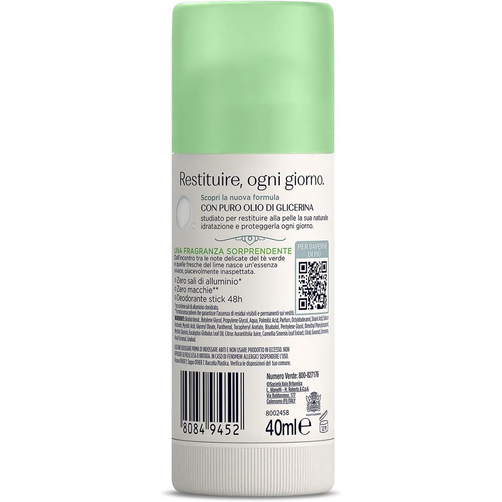 Retro dello stick deodorante Neutro Roberts Fresco Verde. Testo: Restituire, ogni giorno. Codice QR. 40ml. Codice a barre. Ingredienti.