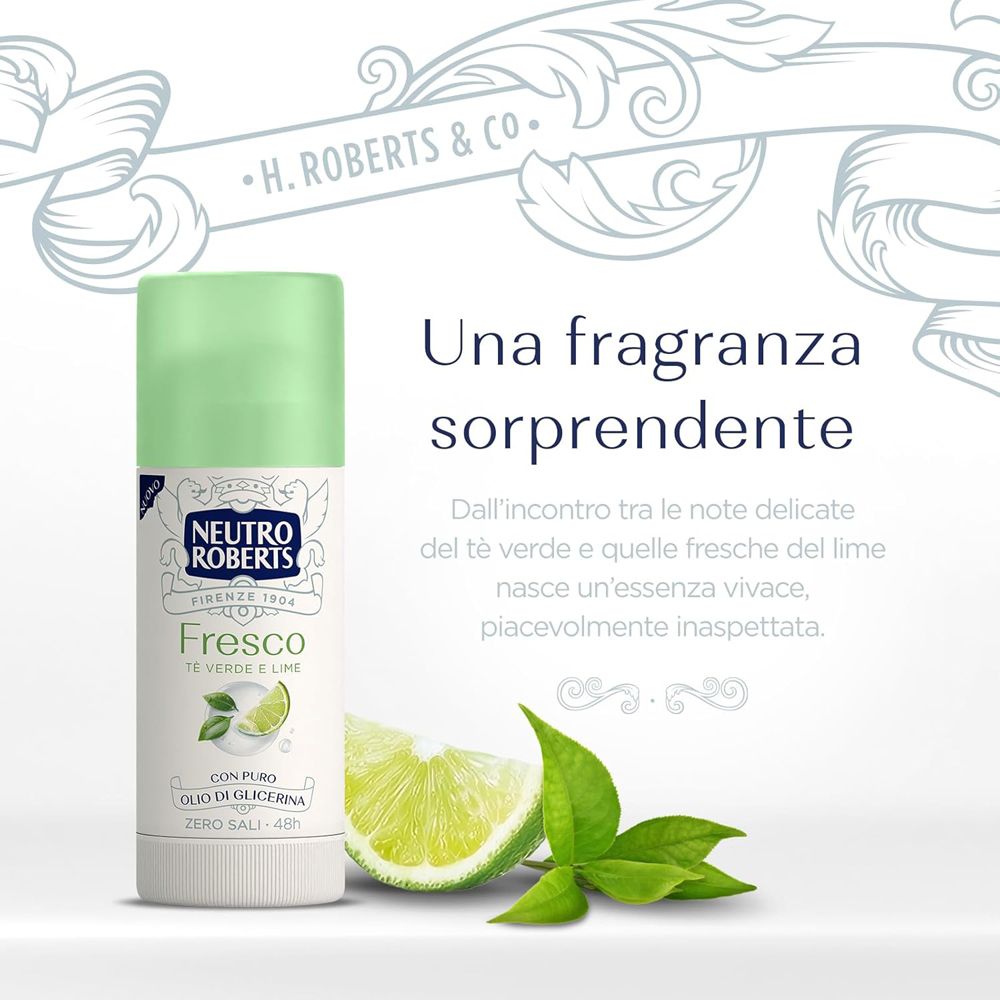 Immagine pubblicitaria con stick deodorante Neutro Roberts Fresco Verde, fetta di lime e foglie. Testo: Una fragranza sorprendente.