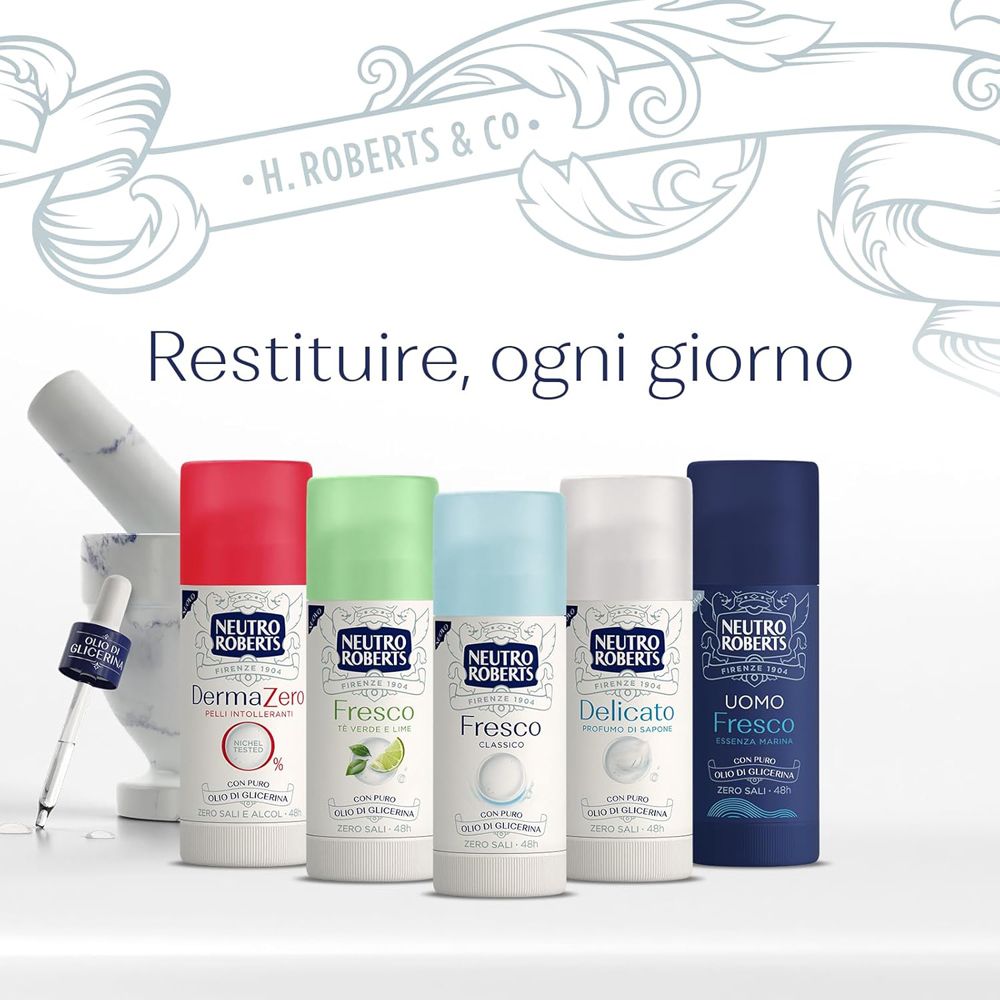 Diversi stick deodoranti Neutro Roberts. Prodotti: DermaZero, Fresco, Fresco, Delicato, Uomo Fresco.