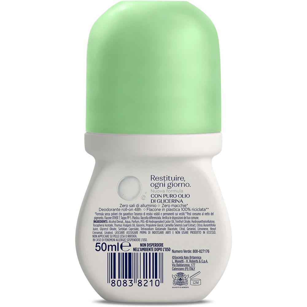 Retro del roll-on bianco e verde. Testo: Restituire, ogni giorno. Zero sali di alluminio e parabeni.