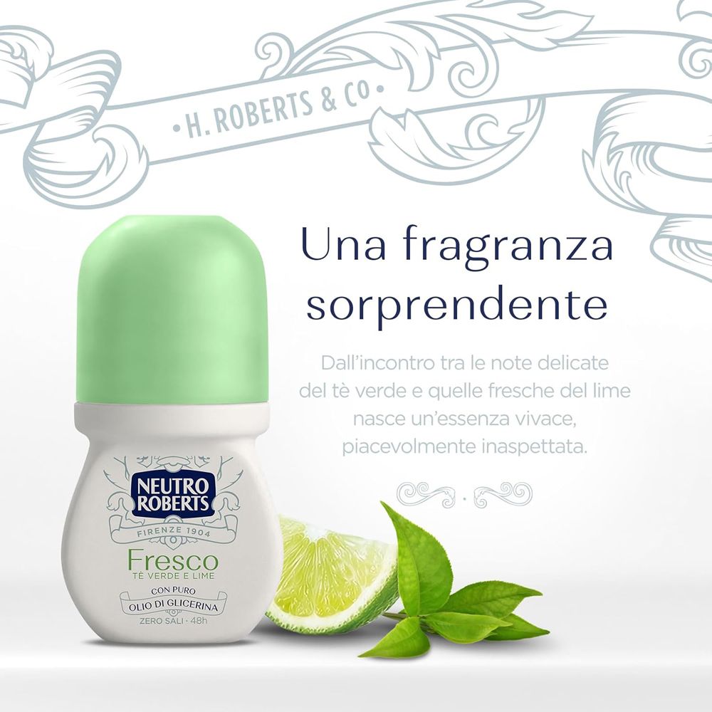 Roll-on verde e fetta di lime. Testo: Una fragranza sorprendente. Neutro Roberts Fresco.