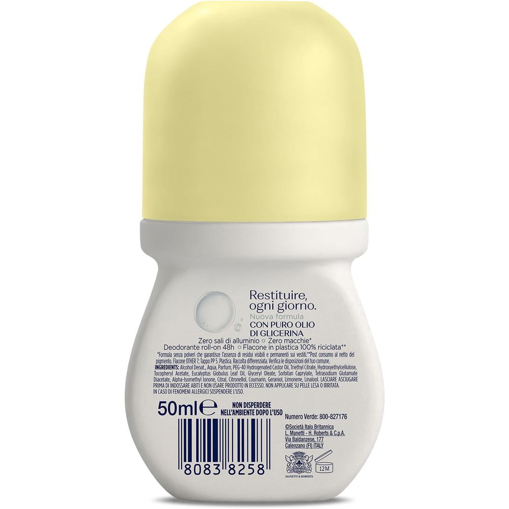 Retro del deodorante roll-on bianco. Informazioni testuali, codice a barre e indicazione 50ml.