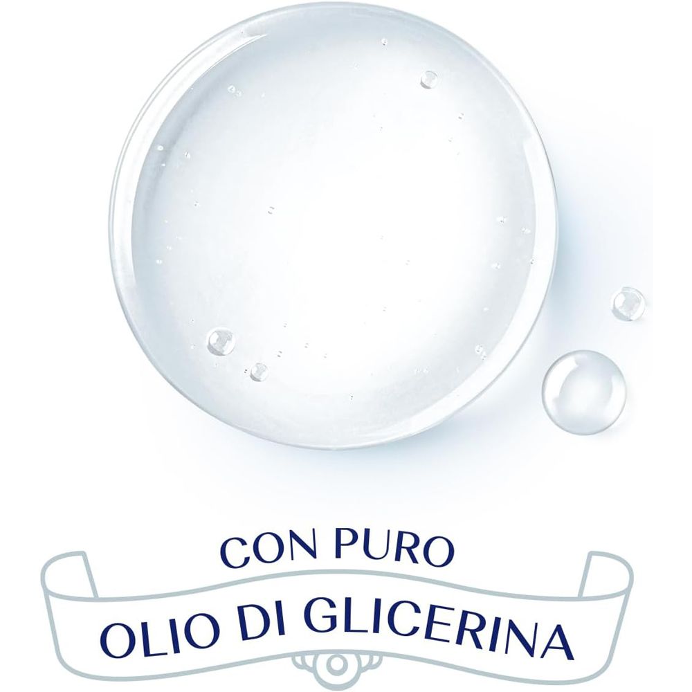 Primo piano di gocce d'acqua e testo: "CON PURO OLIO DI GLICERINA".