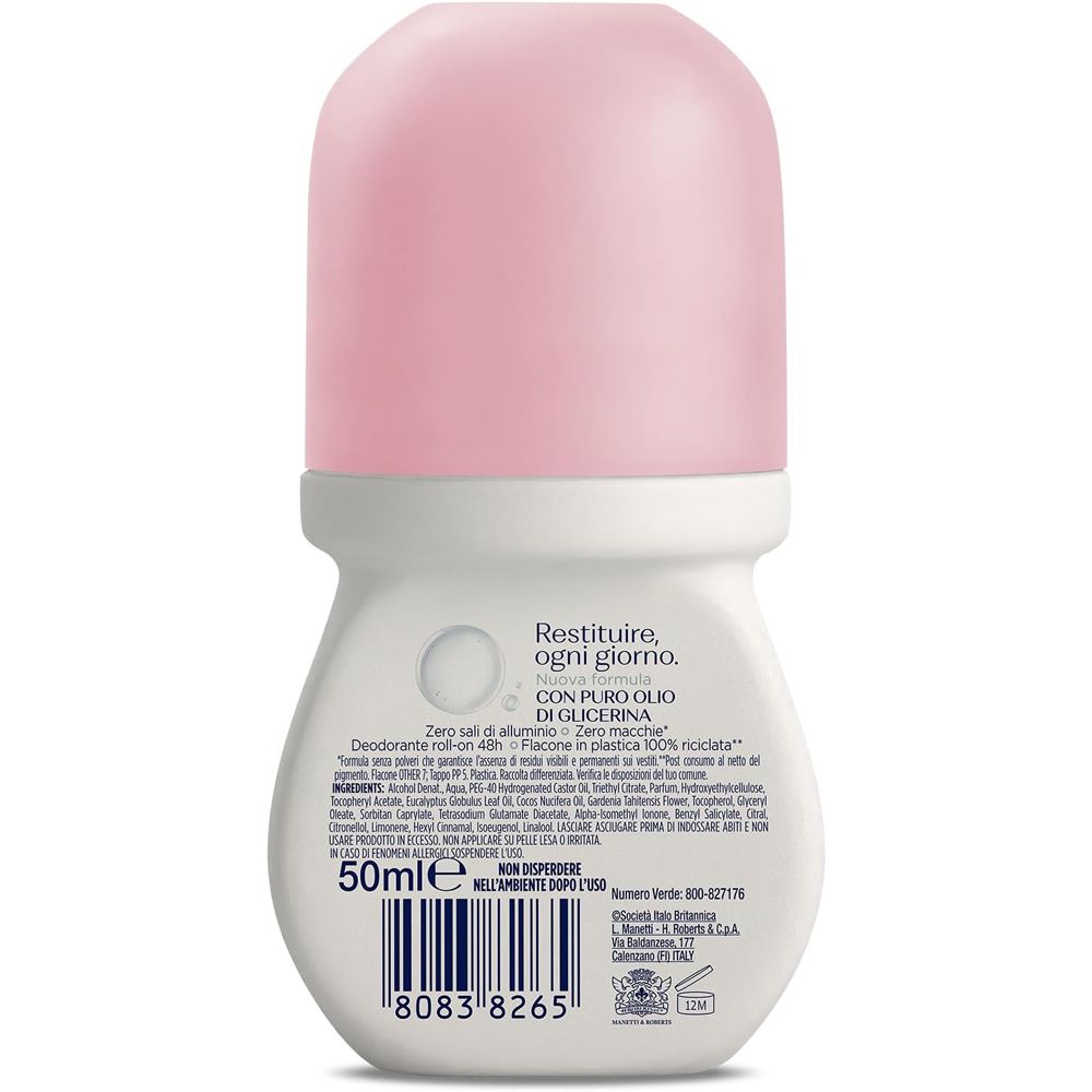 Retro del deodorante roll-on bianco. Testo con ingredienti e informazioni. 50ml.