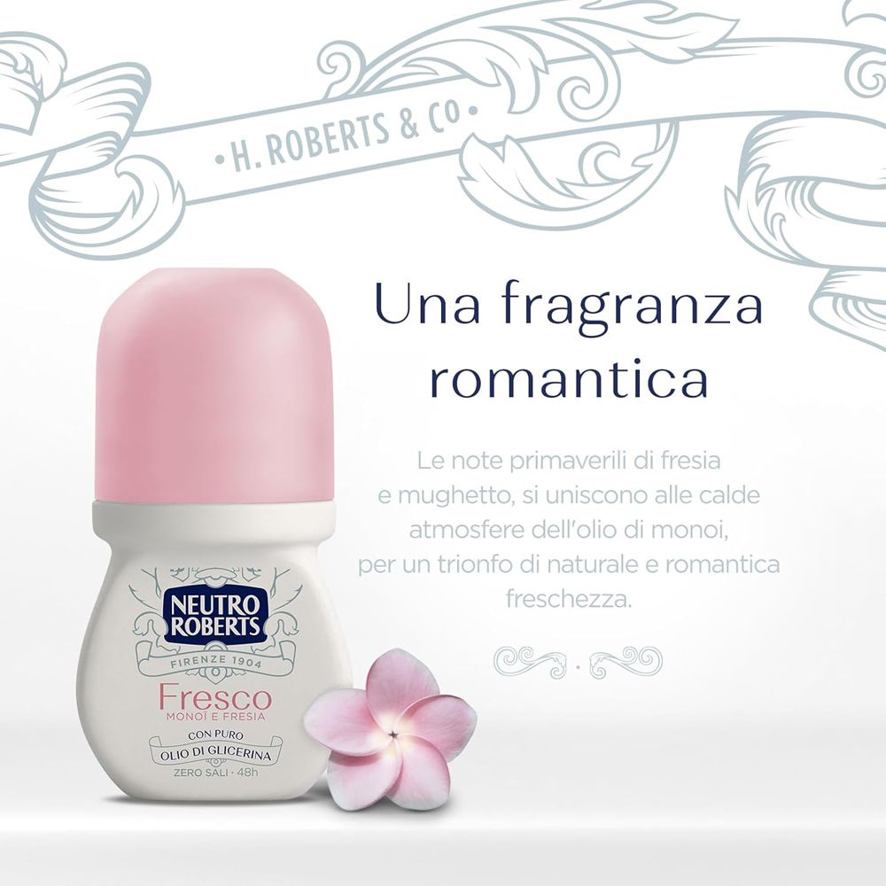 Roll-on con tappo rosa e fiore. Testo: Una fragranza romantica. Neutro Roberts Fresco.