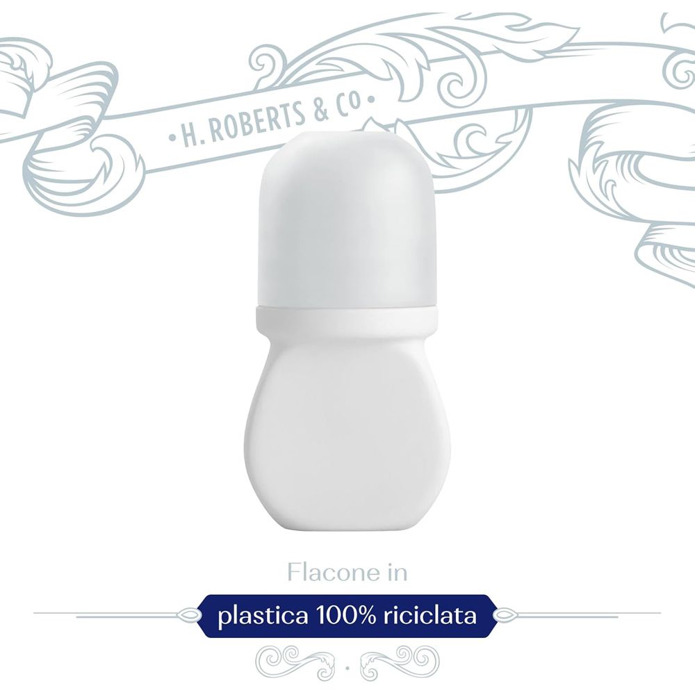 Deodorante roll-on bianco. Testo: Flacone in plastica 100% riciclata.
