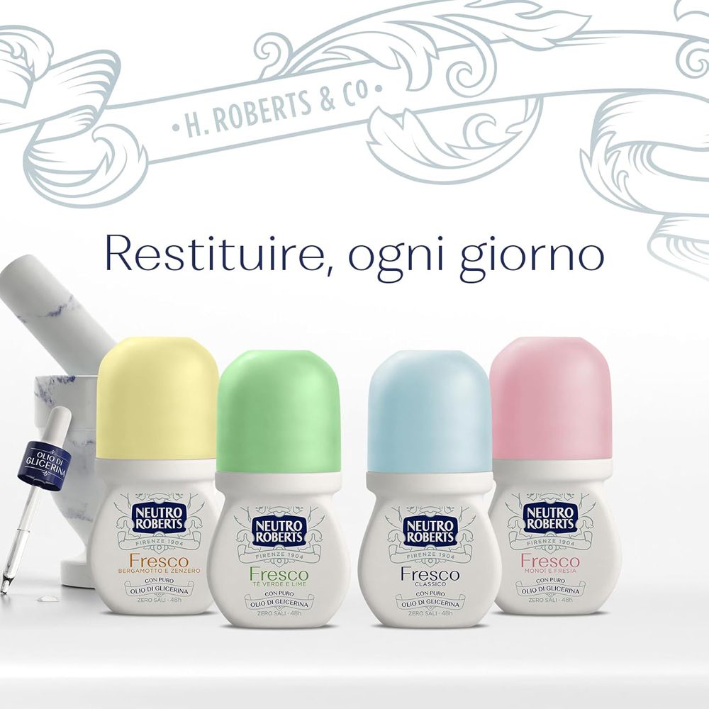 Quattro deodoranti roll-on di diversi colori. Neutro Roberts Fresco, con testo.