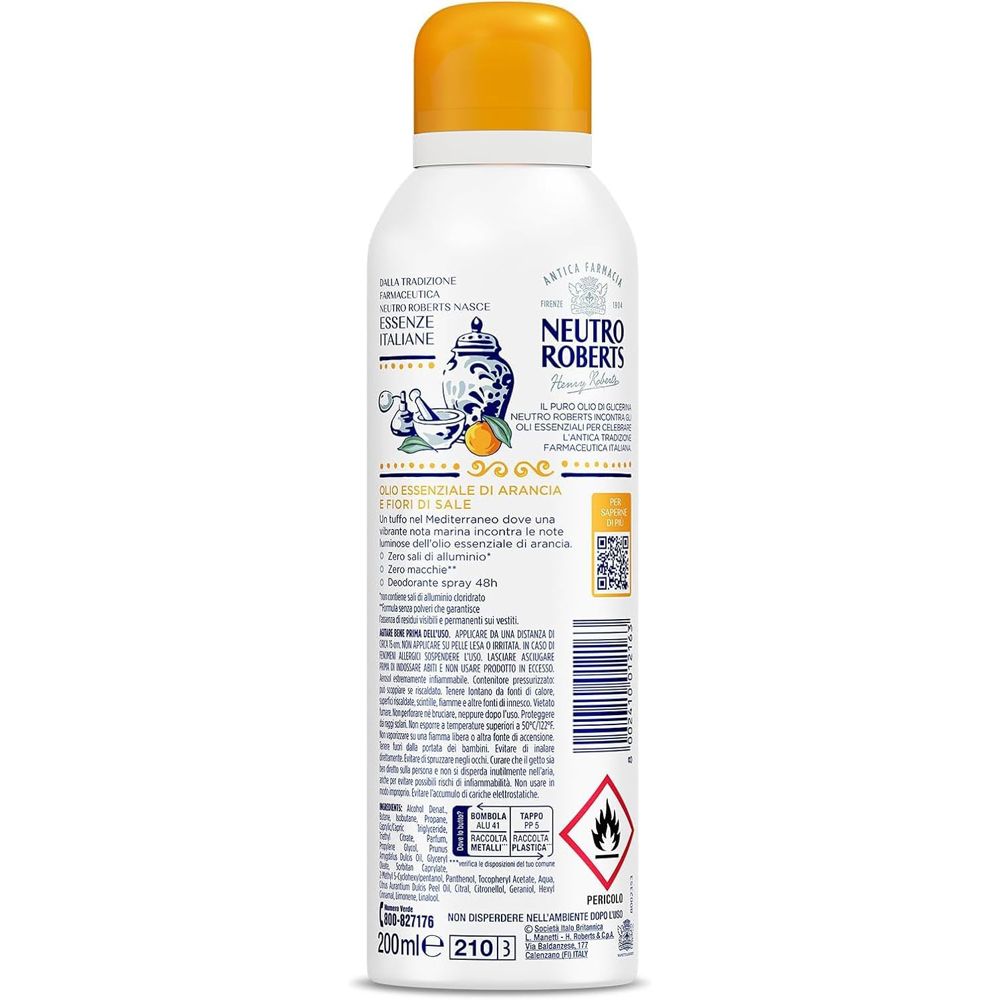 Retro dello spray deodorante bianco. Testo e codice QR. Tappo giallo. Simbolo di pericolo.
