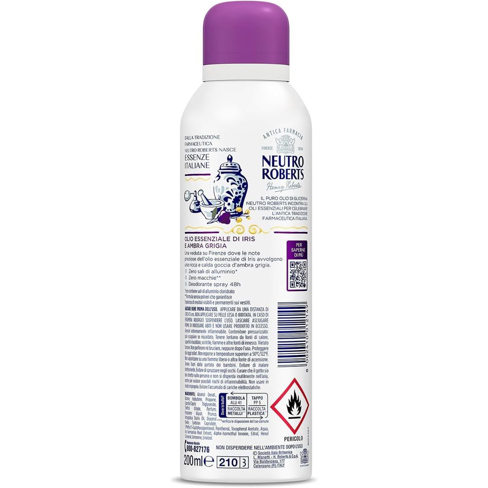 Retro dello spray deodorante. Testo: NEUTRO ROBERTS, ESSENZE ITALIANE, olio, iris, ambra. Simbolo di pericolo.
