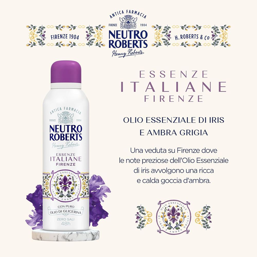 Spray deodorante con testo e illustrazioni. Testo: ESSENZE ITALIANE FIRENZE, olio, iris, ambra. Fiori viola.