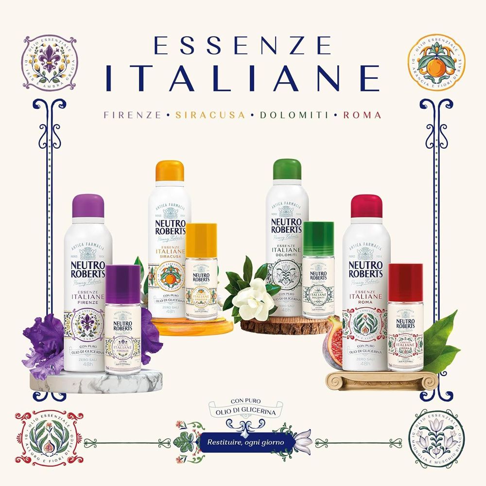 Diversi spray e roll-on deodoranti. Testo: ESSENZE ITALIANE, FIRENZE, SIRACUSA, DOLOMITI, ROMA.