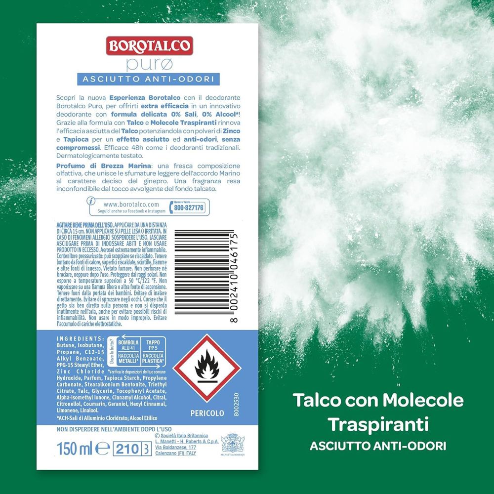 Retro dello spray Borotalco Puro. Informazioni, ingredienti, avvertenze e simbolo di fiamma. Profumo Brezza Marina.