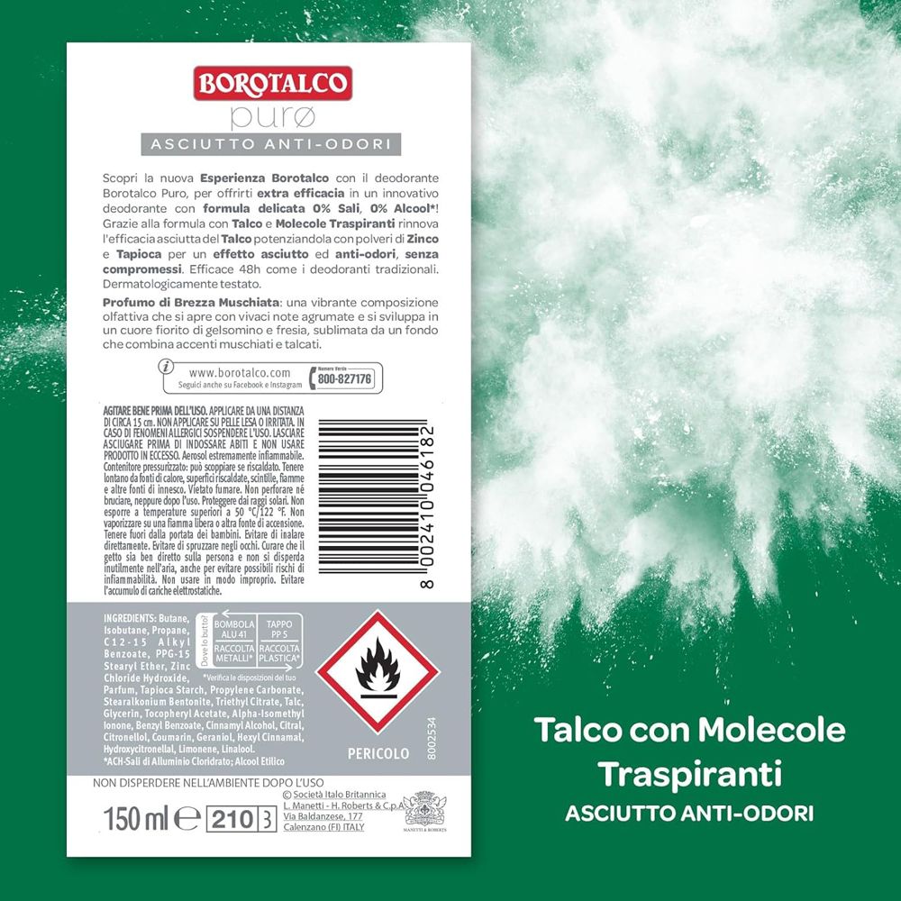 Retro dello spray Borotalco. Testo in italiano. Ingredienti.