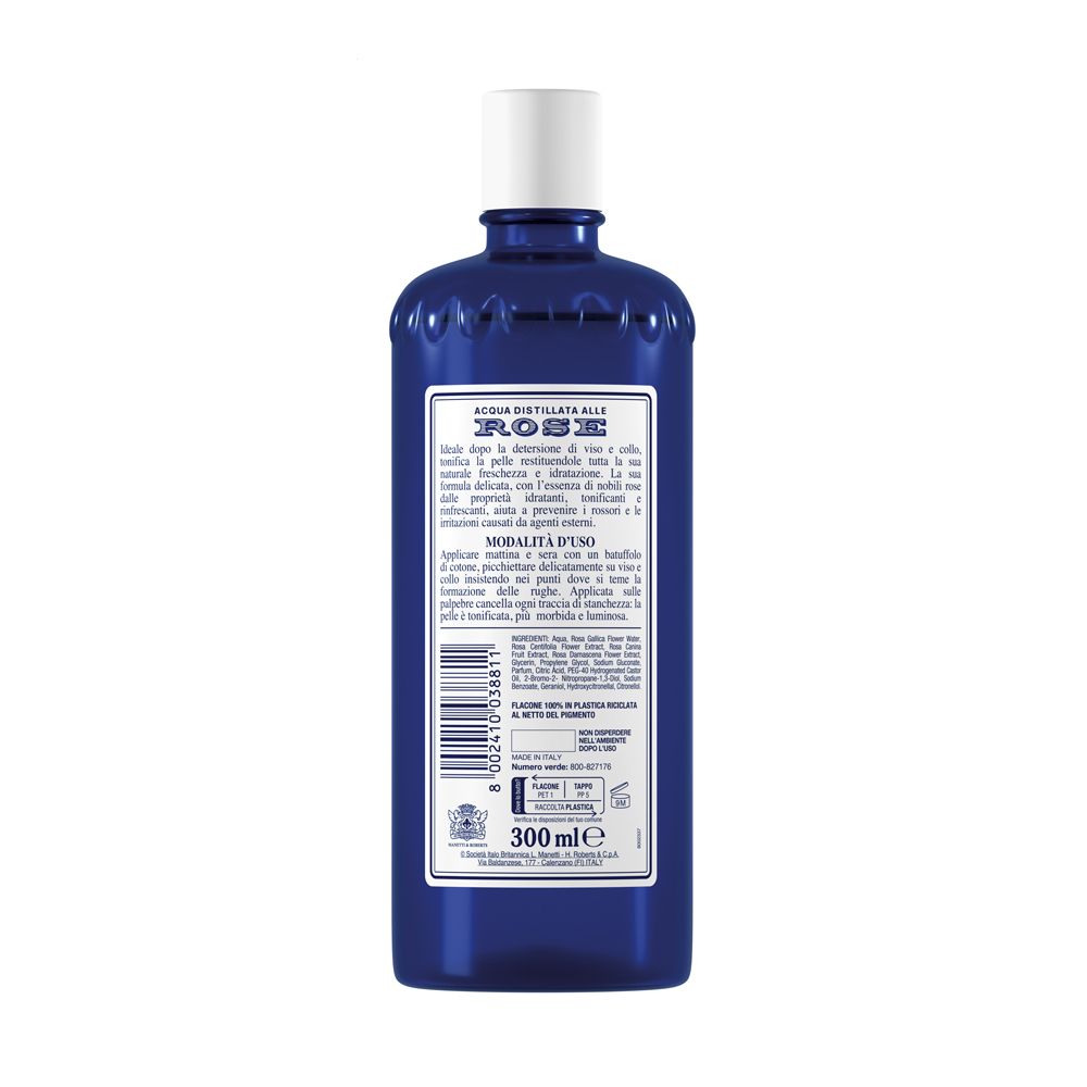 Retro del flacone blu. Testo e codice a barre. Volume: 300 ml. Etichetta bianca.