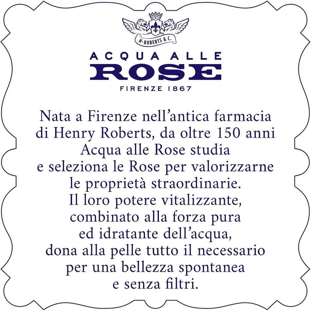 Testo su sfondo bianco. Testo: ACQUA ALLE ROSE. Descrive il marchio e l'origine.
