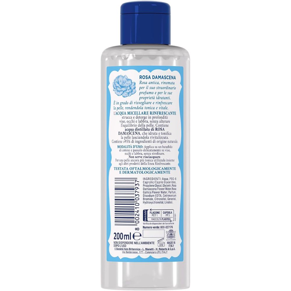 Retro flacone Acqua alle Rose. Testo su ingredienti e uso. Codice a barre e volume.