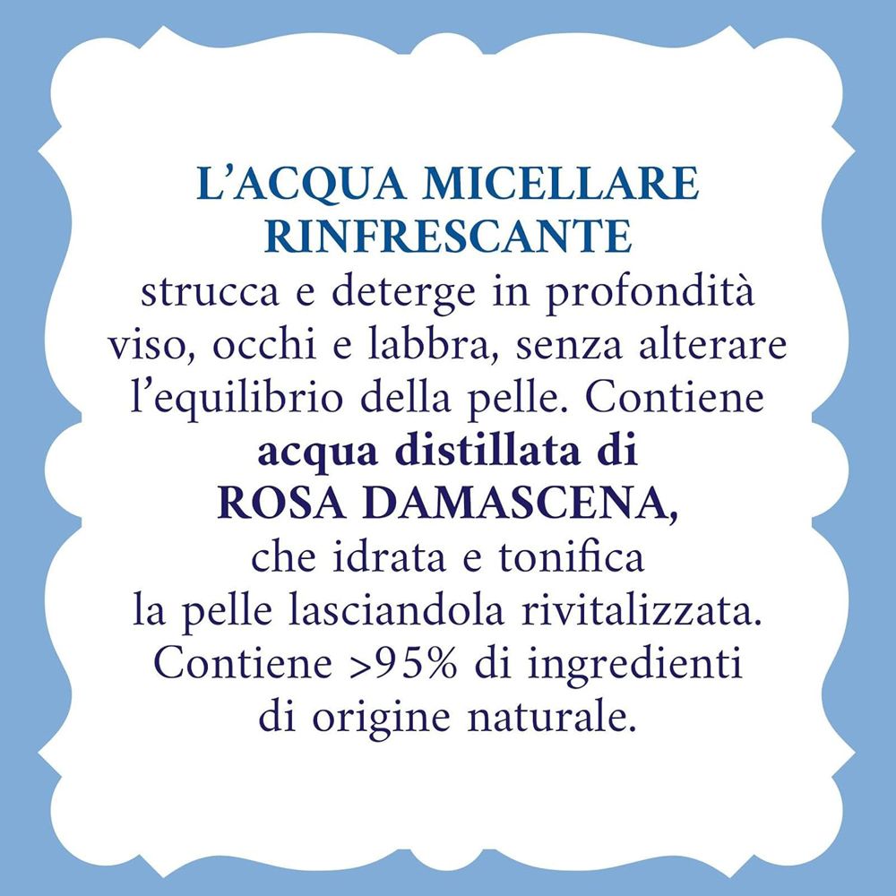 Testo su sfondo blu. Descrizione delle proprietà di Acqua Micellare Rinfrescante.