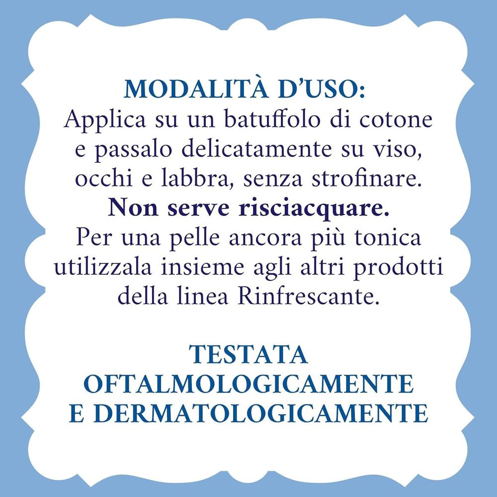 Testo su sfondo blu. Modalità d'uso di Acqua Micellare Rinfrescante. Testato dermatologicamente.