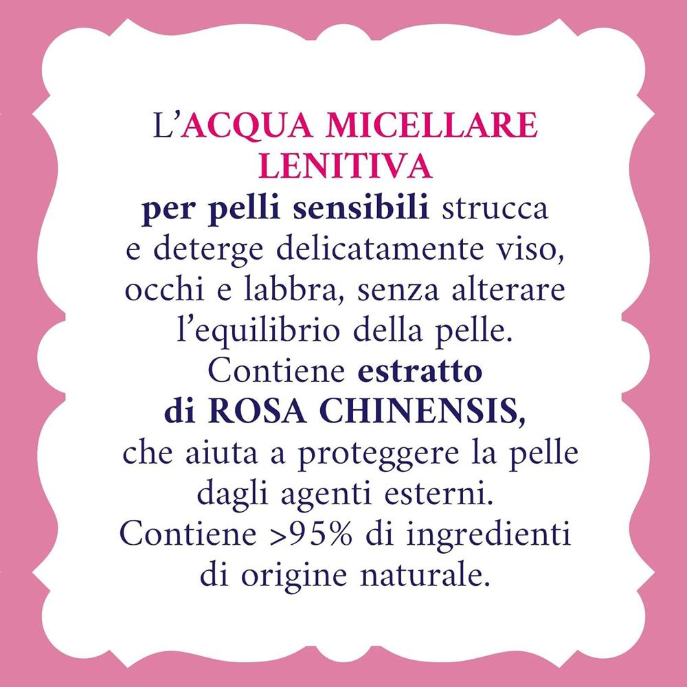 Testo su sfondo rosa. Descrizione dell'uso e degli ingredienti. Per pelli sensibili.