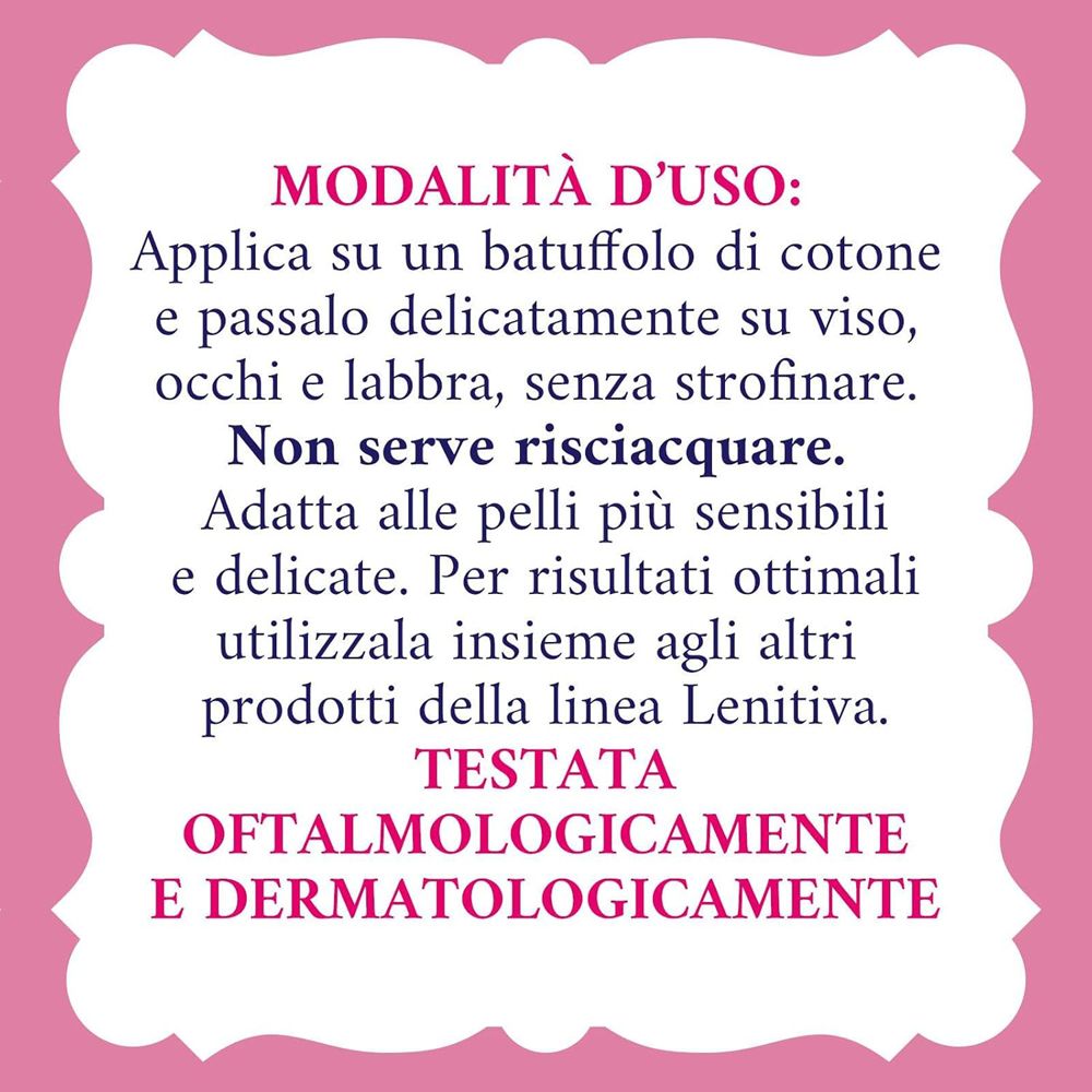 Testo su sfondo rosa. Istruzioni per l'uso: Applicare su cotone. Non risciacquare. Per pelli sensibili.