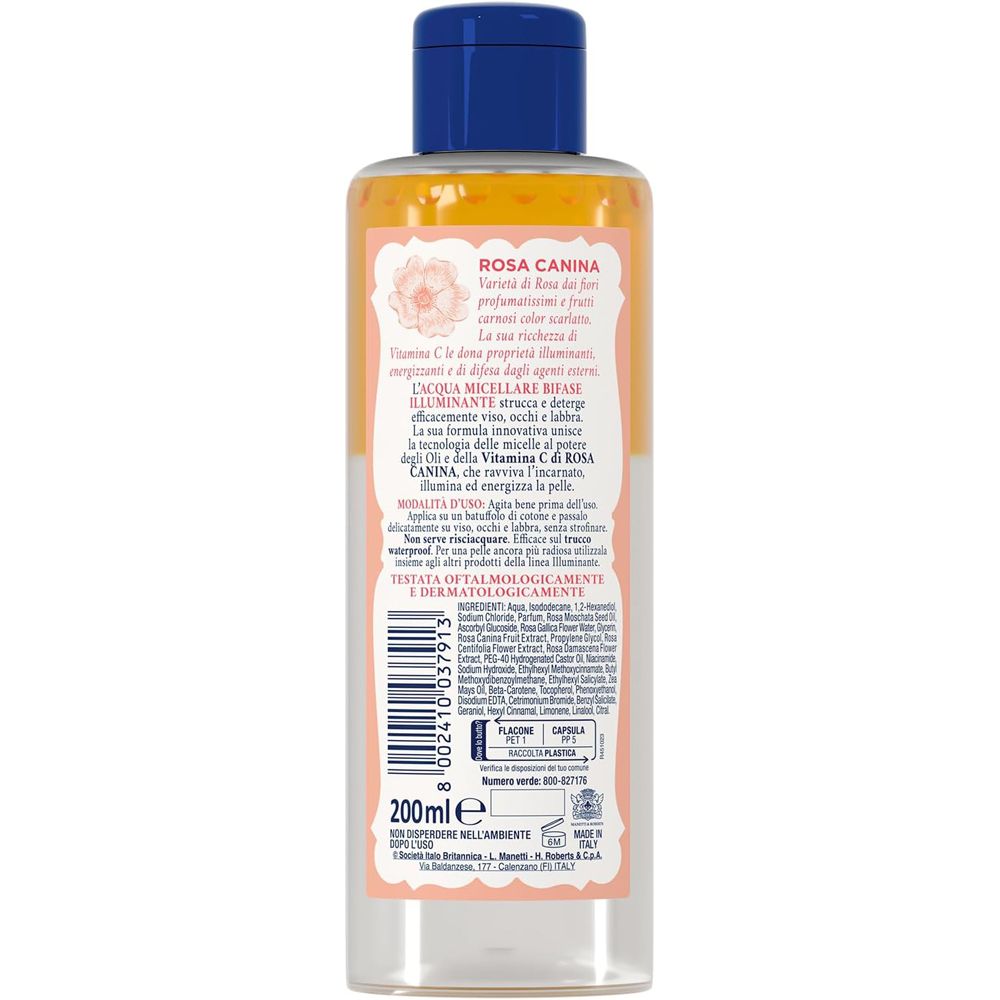 Retro della bottiglia. Testo con ingredienti e utilizzo. 200ml. Dermatologicamente testato.
