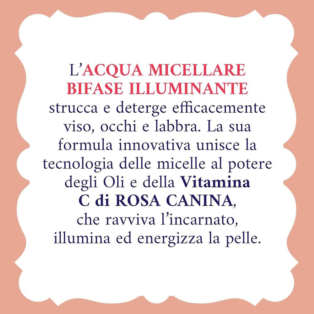 Testo: Acqua micellare bifasica, strucca. Contiene vitamina C da Rosa Canina.