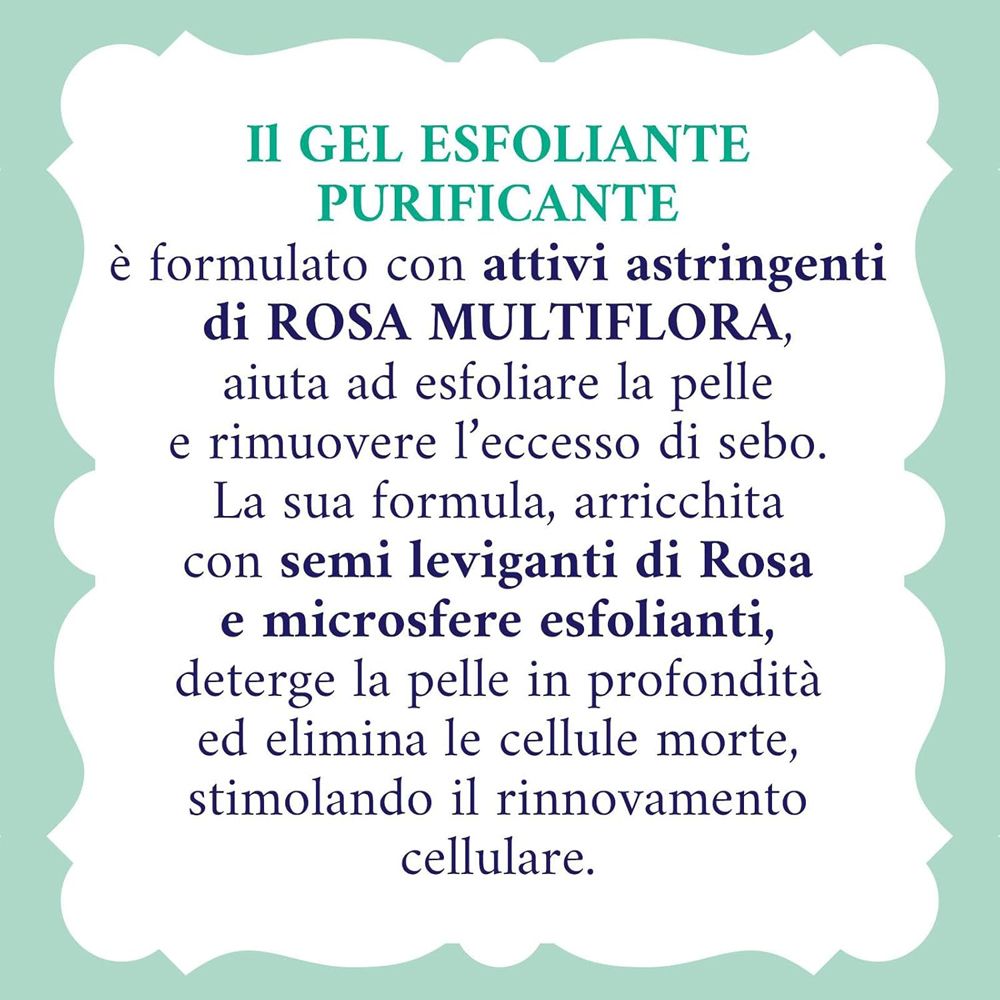 Riquadro con testo italiano. Descrive le proprietà del gel. Contiene il termine 'Rosa Multiflora'.