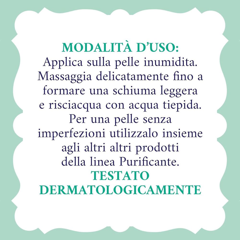 Riquadro con testo italiano. Istruzioni per l'uso del prodotto. Testato dermatologicamente.