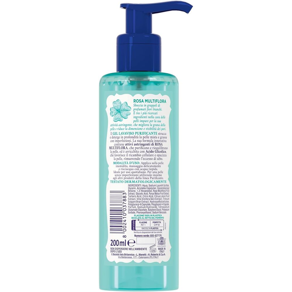 Retro del flacone. Testo su Rosa Multiflora e ingredienti. 200ml.