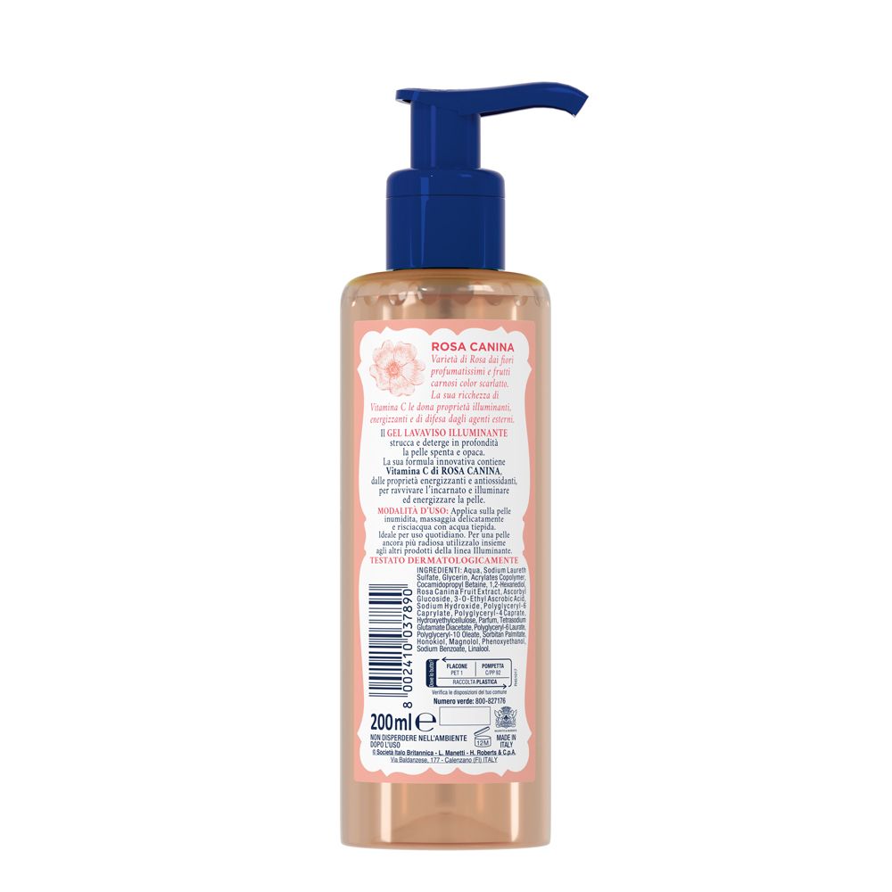 Retro del flacone Gel lavaviso Illuminante. Etichetta rosa con testo. Indicazione volume 200ml.