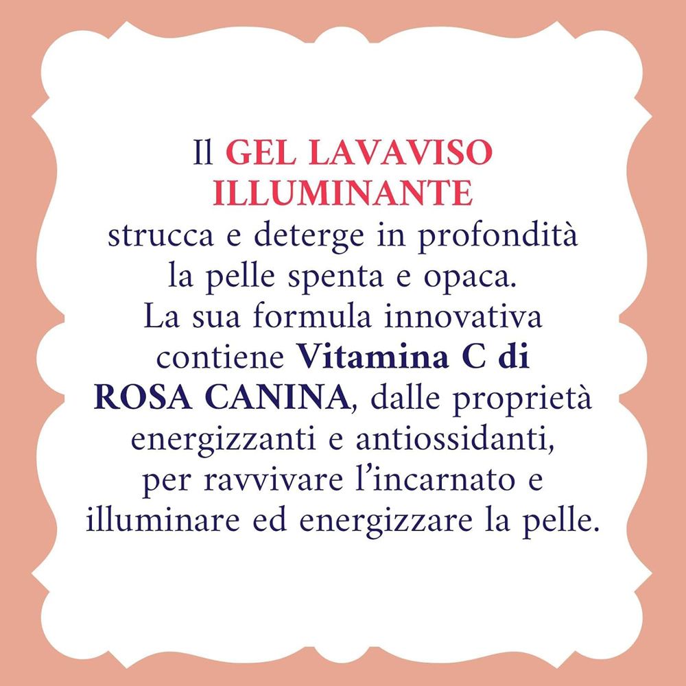 Testo su sfondo rosa. Descrizione prodotto: Gel lavaviso Illuminante. Contiene Vitamina C di Rosa Canina.