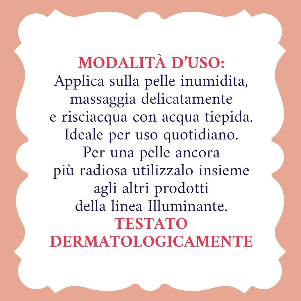 Testo su sfondo rosa. Modalità d'uso: Applicare su pelle umida, massaggiare, risciacquare con acqua tiepida. Testato dermatologicamente.