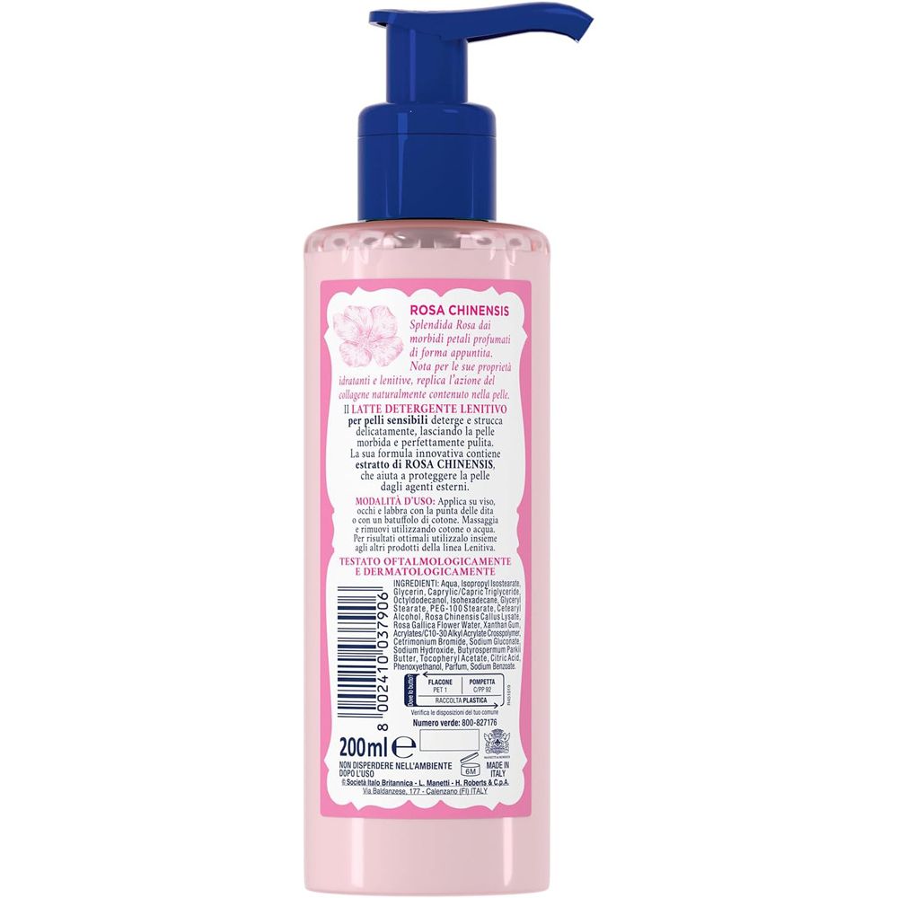 Retro del flacone rosa. Testo con informazioni sul prodotto e ingredienti. Indicazione 200ml.