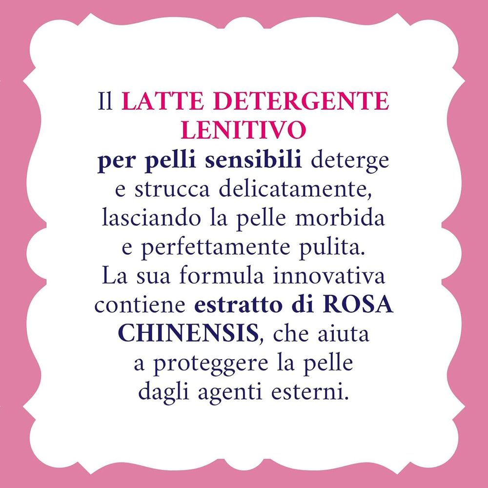 Sfondo rosa con testo. Testo: Il Latte Detergente Lenitivo. Per pelli sensibili. Con estratto di Rosa Chinensis.