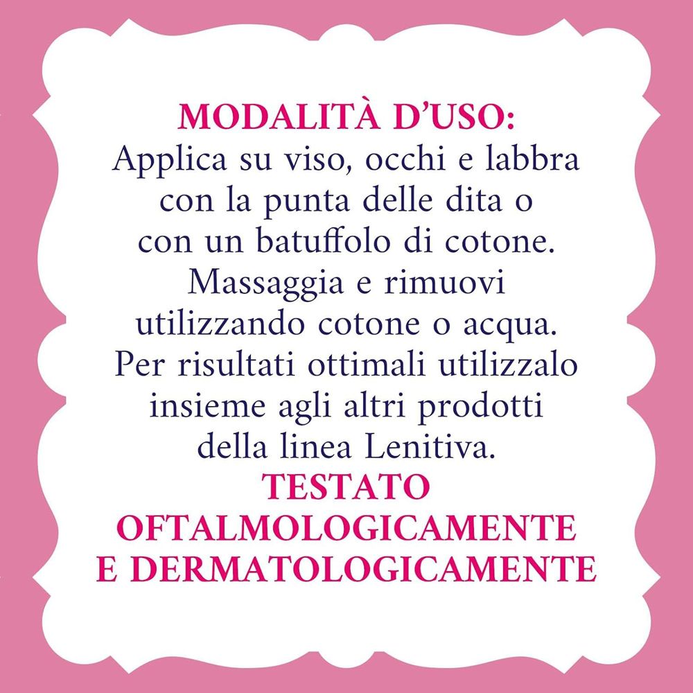 Sfondo rosa con testo. Testo: Modalità d'uso. Testato oftalmologicamente e dermatologicamente.