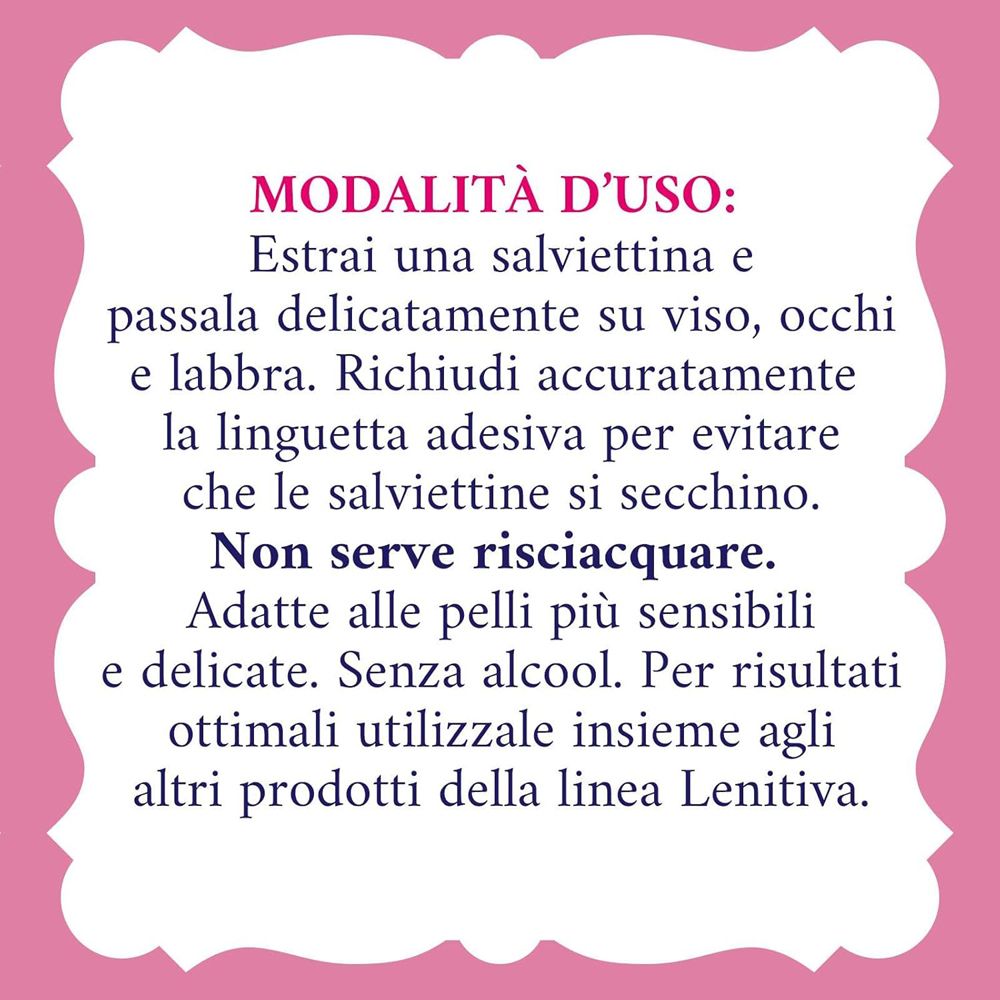 Istruzioni per l'uso su sfondo rosa. Descrive l'uso delle Salviettine Lenitive. Per pelli sensibili.